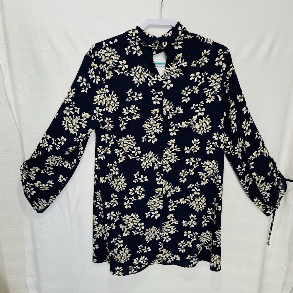 Entro Women's‎ Dress Sz M Floral Choker V Neck Bell Sleeve Blue